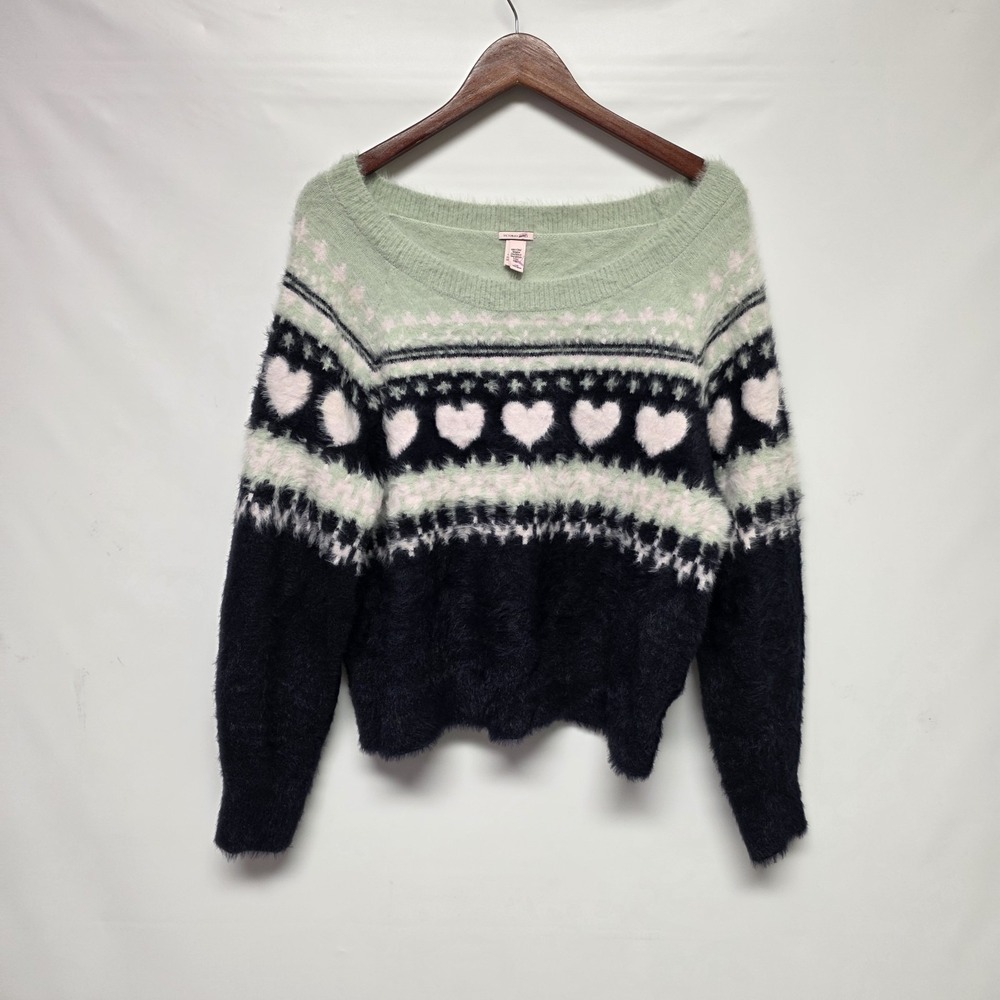 Victorias Secret Sweater Mint Green Blue FairIsle Winter Hearts Large